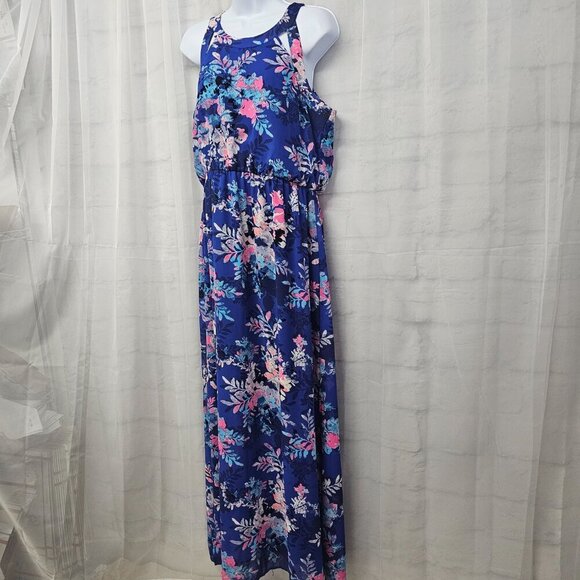 Xhiliration Blue Pink Floral Tropical Sleeveless Maxi Dress L - Picture 5 of 12